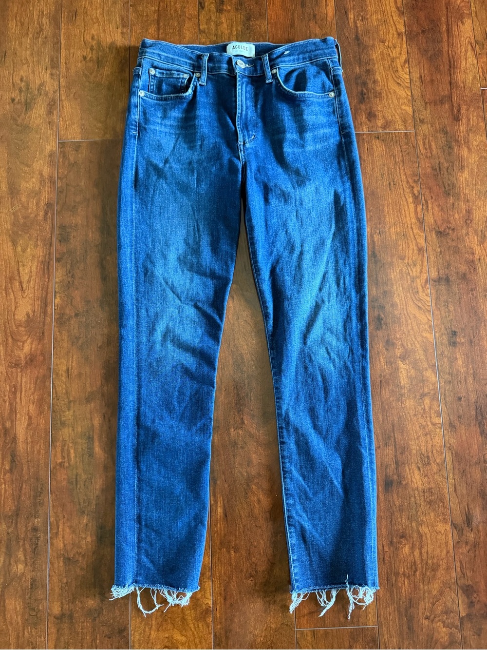 AGOLDE Sophie High Rise Crop Jeans Blue Distressed Raw Hem Size 27